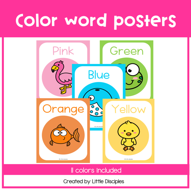 Color name posters | Animal color word posters for kindergarten |