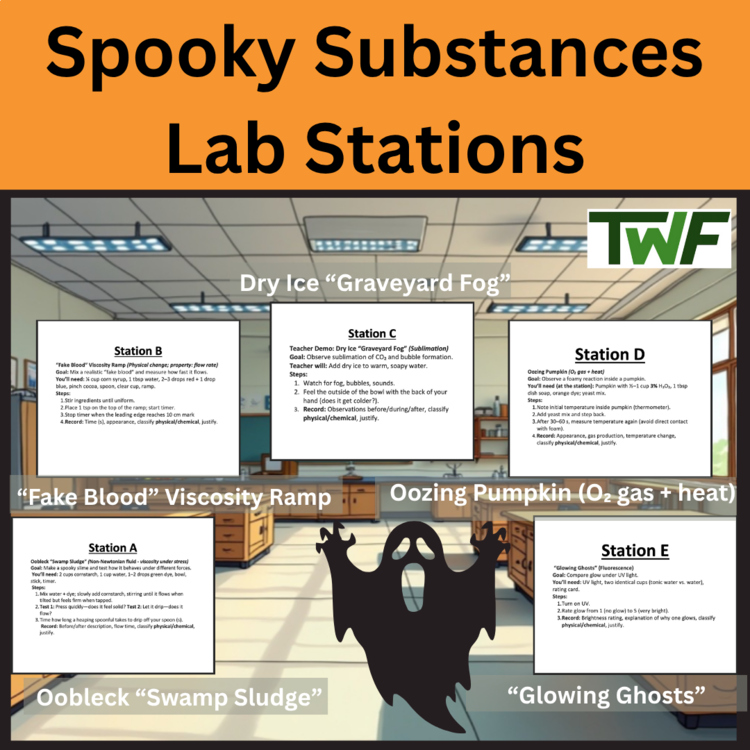 Spooky Substances Lab Station Activity - Physical vs Chemical Changes Halloween