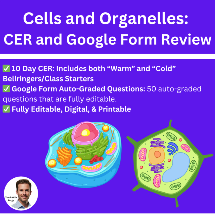 Cells and Organelles: Structure & Function CER + 50 Question Auto-Graded Quiz