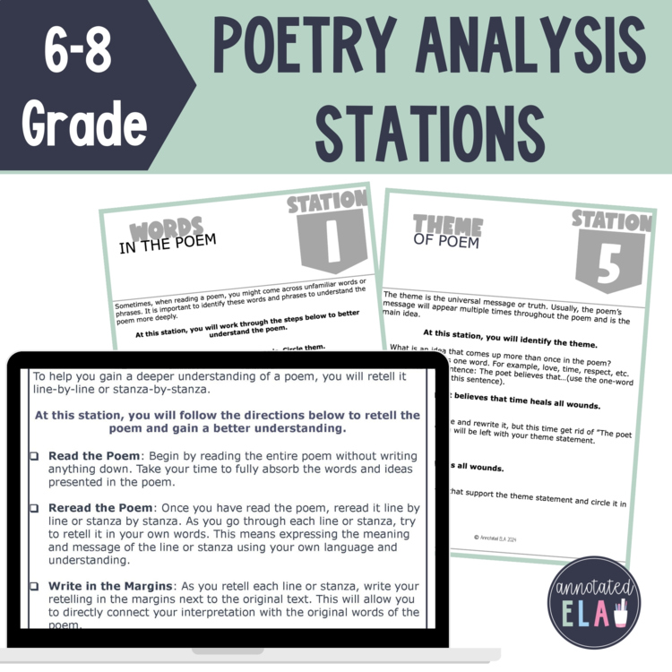 Poetry Analysis Stations | Figurative Language, Theme, & Tone for Grades 6–8