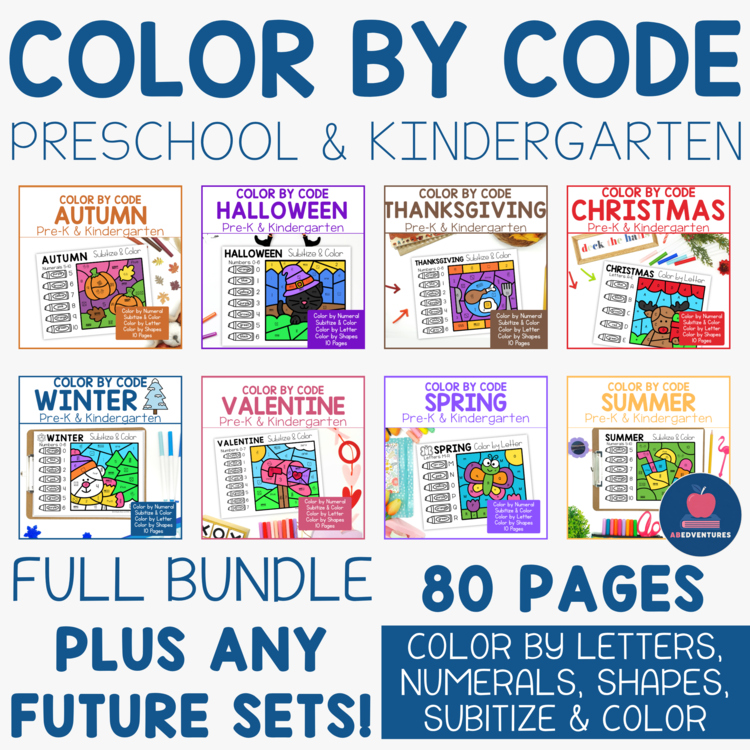 Color by Code Preschool & Kindergarten Bundle Letters Numbers Shapes Subitize