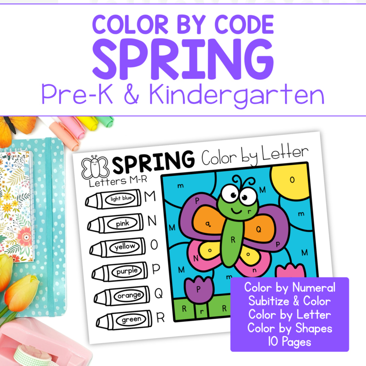 Spring Color by Code Preschool Kindergarten Number Letters Shapes Subitize