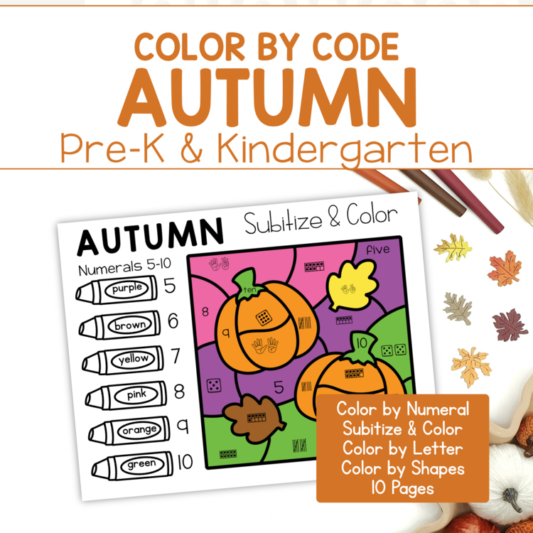 Fall Autumn Color by Code Preschool Kindergarten Number Letters Shapes Subitize
