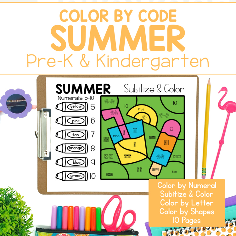 Summer Color by Code Preschool Kindergarten Number Letters Shapes Subitize