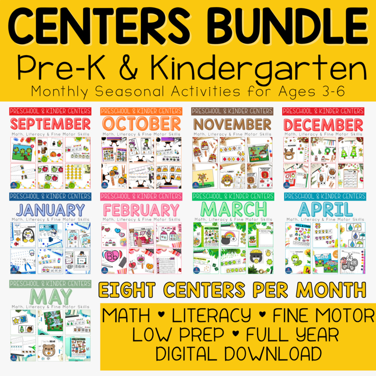 Year Long Preschool Literacy Math & Fine Motor Centers Bundle Monthly Centers