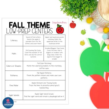 Fall Preschool Centers Bundle Apple Literacy & Math Activities Kindergarten, image 2