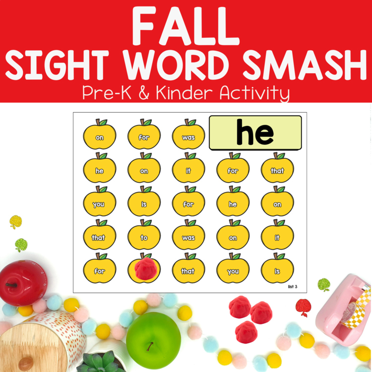 Fall Sight Word Activities Playdoh Smash Apples Preschool & Kindergarten Centers