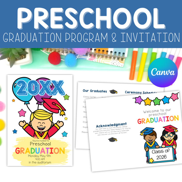 Editable Preschool Graduation Program & Invitation Class of 2026, Canva Template