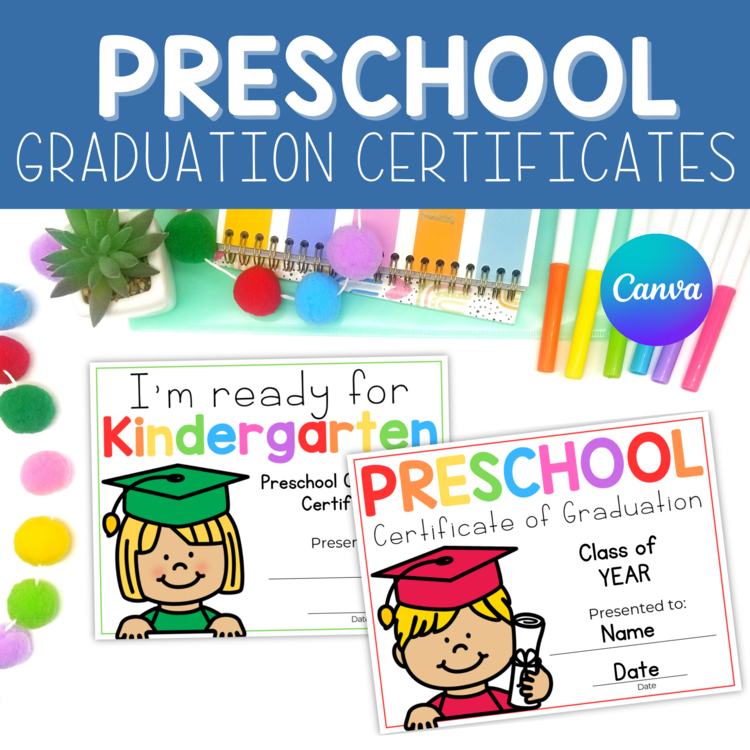 Editable Preschool Graduation Certificate Class of 2026, Canva Template