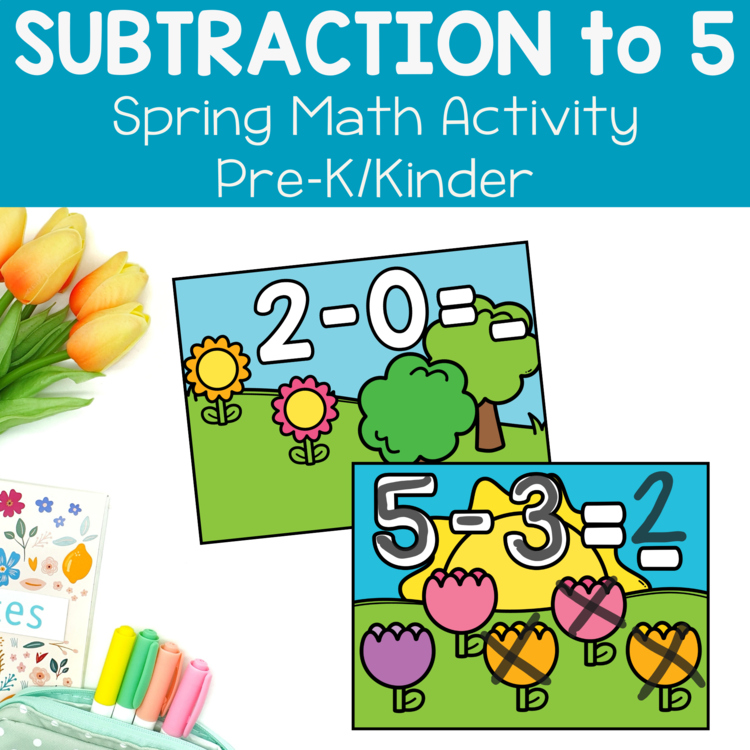 Spring Subtraction Task Cards Subtraction to 5 Pre-K TK Preschool Kinder Center