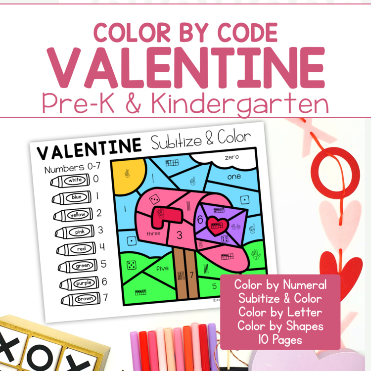 Valentines Color by Code Preschool Kindergarten Number Letters Shapes Subitize