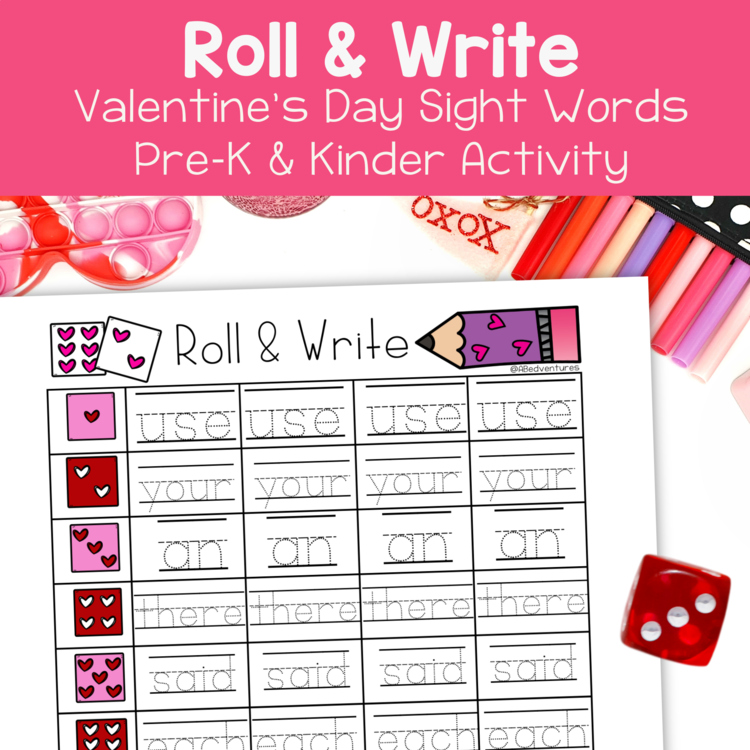 Valentine's Day Roll and Write Sight Words Preschool Kindergarten Centers