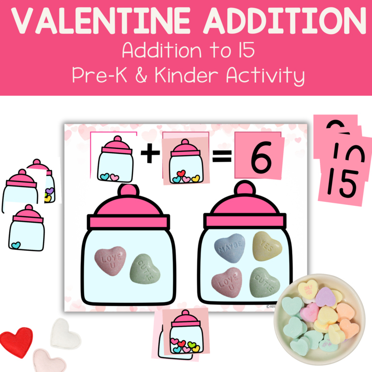 Valentine's Day Addition Activity Heart Candy Adding Mat Preschool Kindergarten