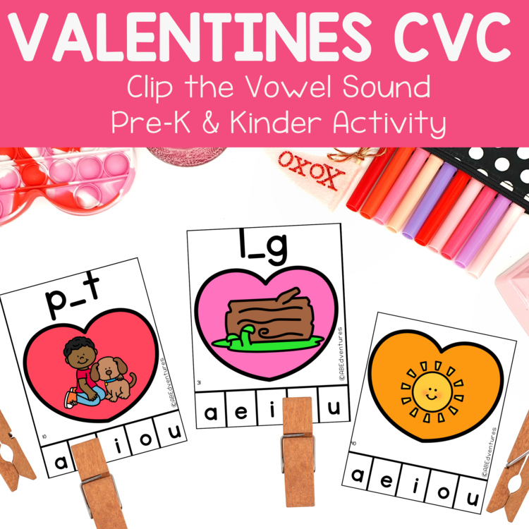 Valentine's Day CVC Word Clip Cards Preschool Activities Kindergarten Centers