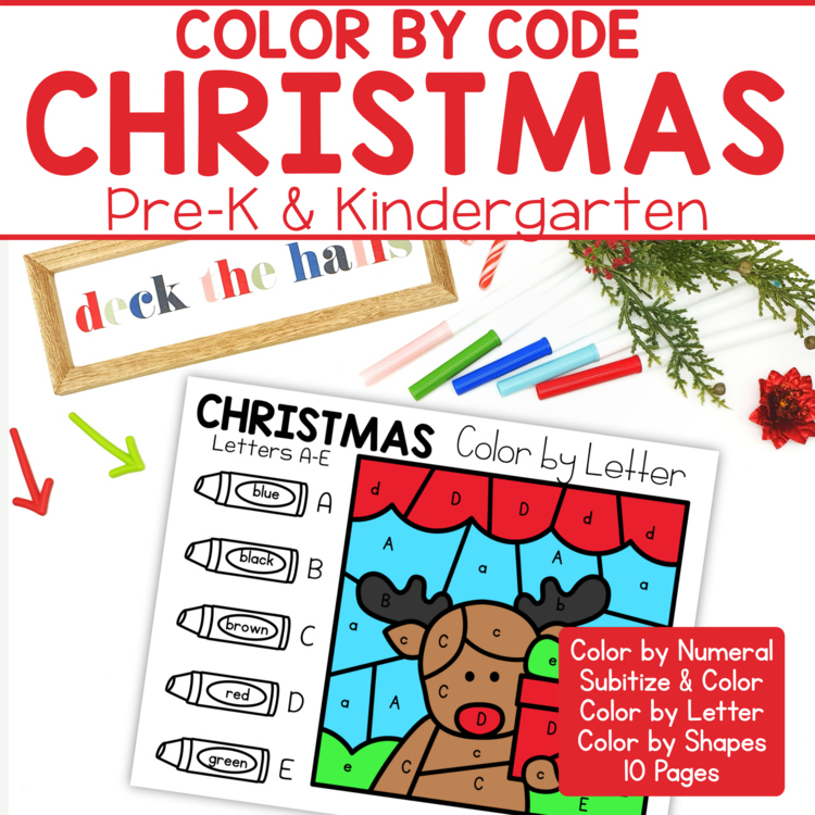 Christmas Color by Number Preschool & Kindergarten Subitize, Letters, Shapes