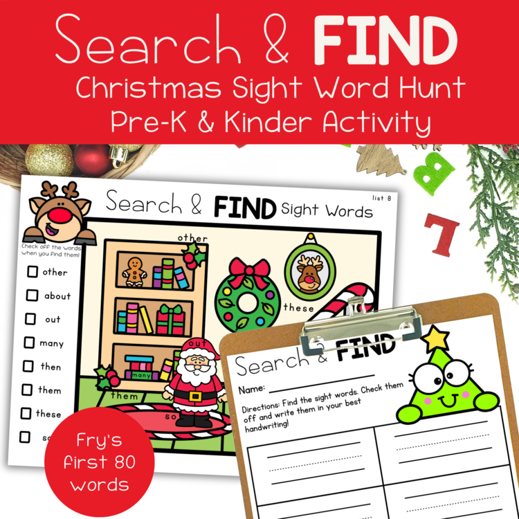 Christmas Preschool Activity Search & Find Sight Words Pre-K Kinder Centers