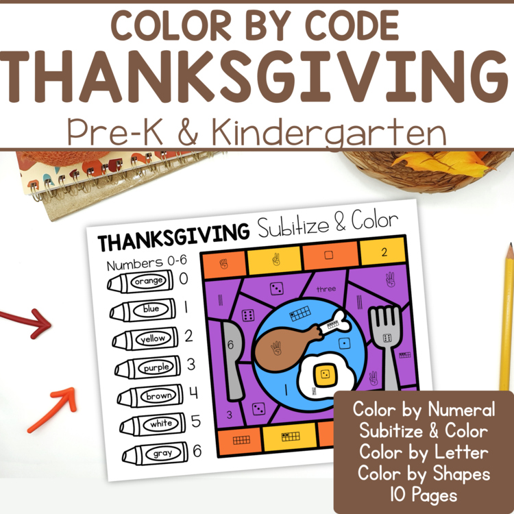 Thanksgiving Color by Number Preschool & Kindergarten Subitize, Letters, Shapes