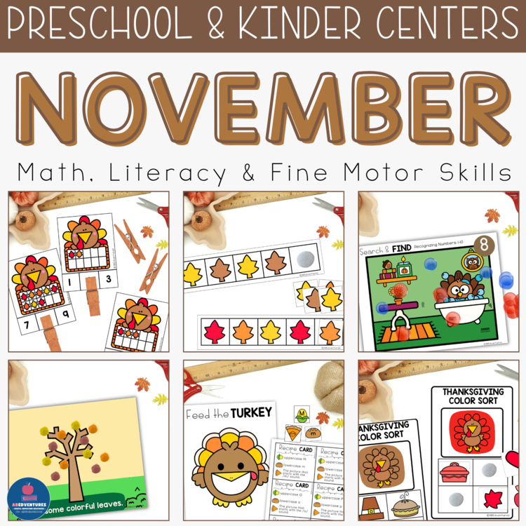 Preschool Thanksgiving Activities Bundle: Low Prep Centers November Pre-K or K