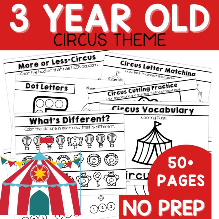 Preschool Age 3 Circus Theme Worksheets, Circus Theme Unit Pre-K Three