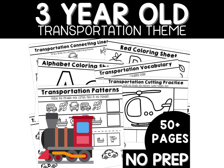 Preschool Age 3 Transportation Theme Worksheets, Cars Trains Trucks Pre-K Three