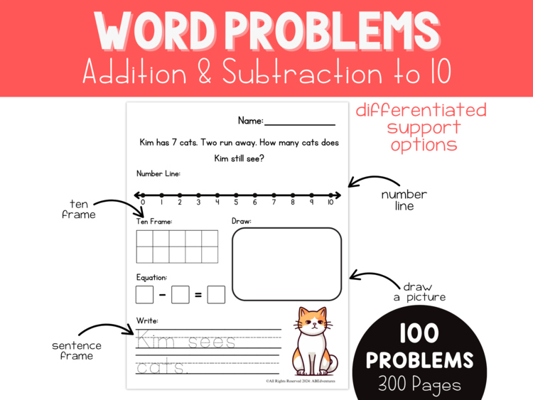 Simple Kindergarten Word Problems Single Digit Addition & Subtraction within 10