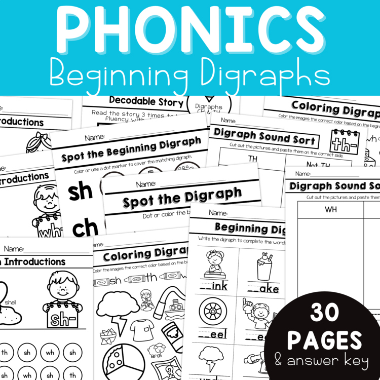 Beginning Digraph Worksheets, Digraphs Practice Phonics Practice Assessments