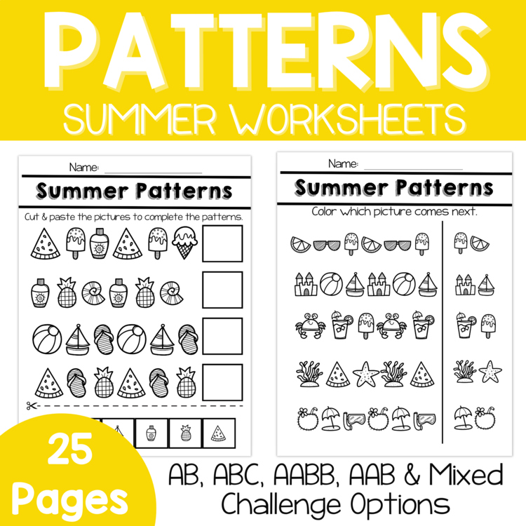 Pattern Worksheets-Summer Patterns, Beach Preschool & Kindergarten