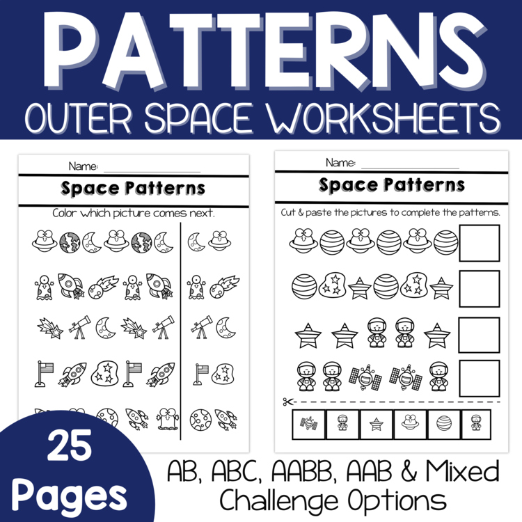 Pattern Worksheets-Space Patterns, Outer Space Preschool & Kindergarten