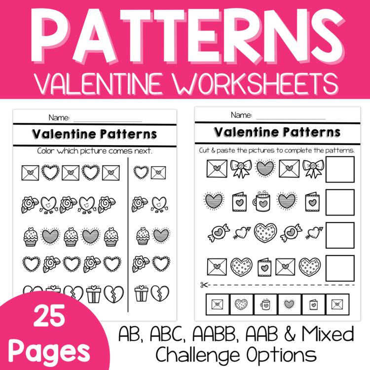 Pattern Worksheets-Valentine Pattern Recognition Preschool & Kindergarten