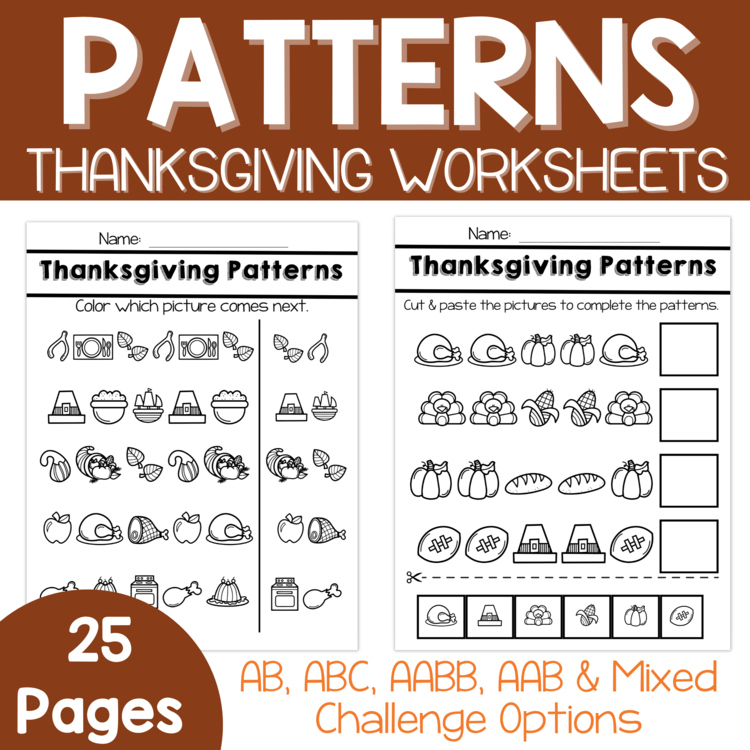 Pattern Worksheets-Thanksgiving Patterns, Thanksgiving Preschool & Kindergarten
