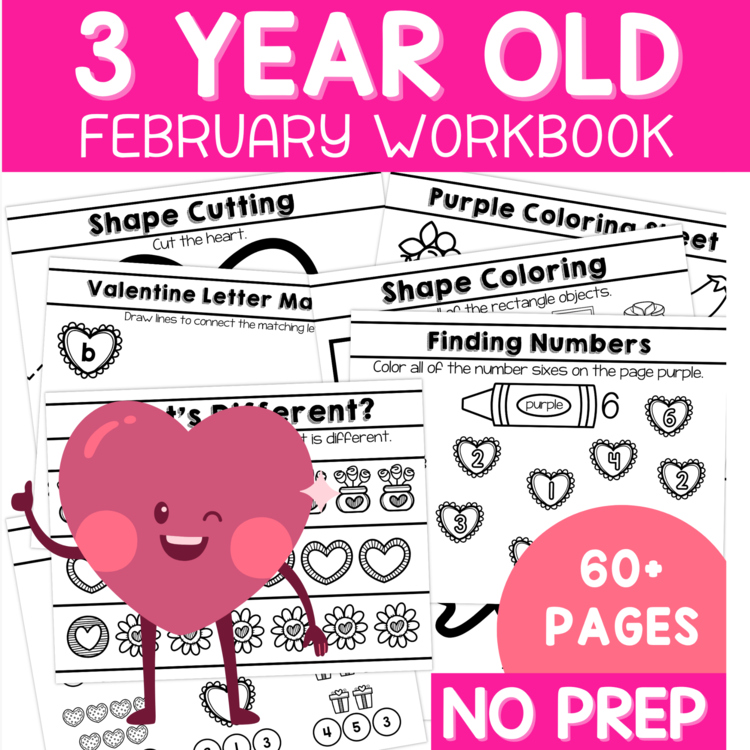 Preschool 3 Year Old Worksheets February No Prep Packet Valentine's Pre-K Three