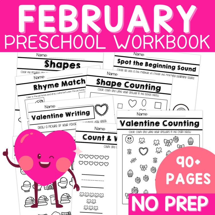 Preschool February No Prep Packet Valentine's Day Pack Pre-K Worksheets