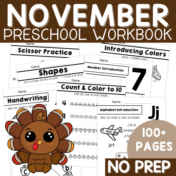 Preschool November Packet Thanksgiving No Prep Packet Pre-K Worksheets