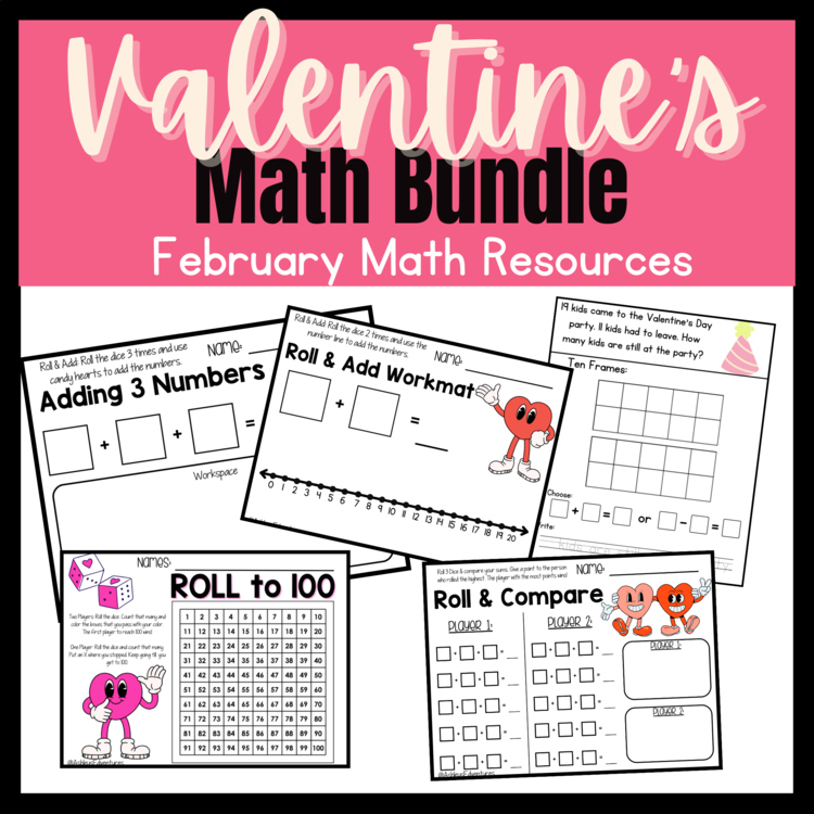 Valentine's Day Math Bundle | Addition to 20 | Adding 3 Numbers  | Word Problems