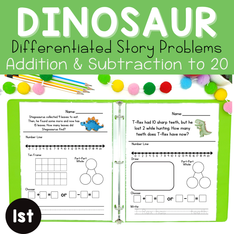 1st Dinosaur Story Problems | Word Problem of the Day | No Prep Math Journal