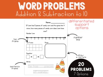 Halloween Story Problems Kindergarten Word Problems Addition Subtraction to 10, image 2