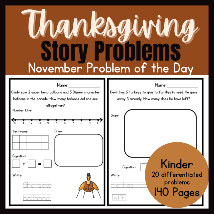 Kinder No Prep Math Printables |  Math Journal | Thanksgiving Story Problems