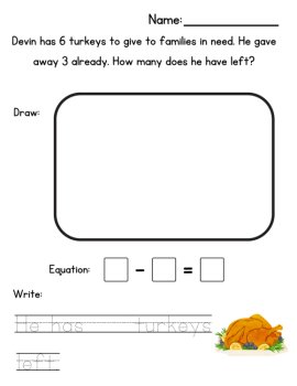 Kinder No Prep Math Printables |  Math Journal | Thanksgiving Story Problems, image 2
