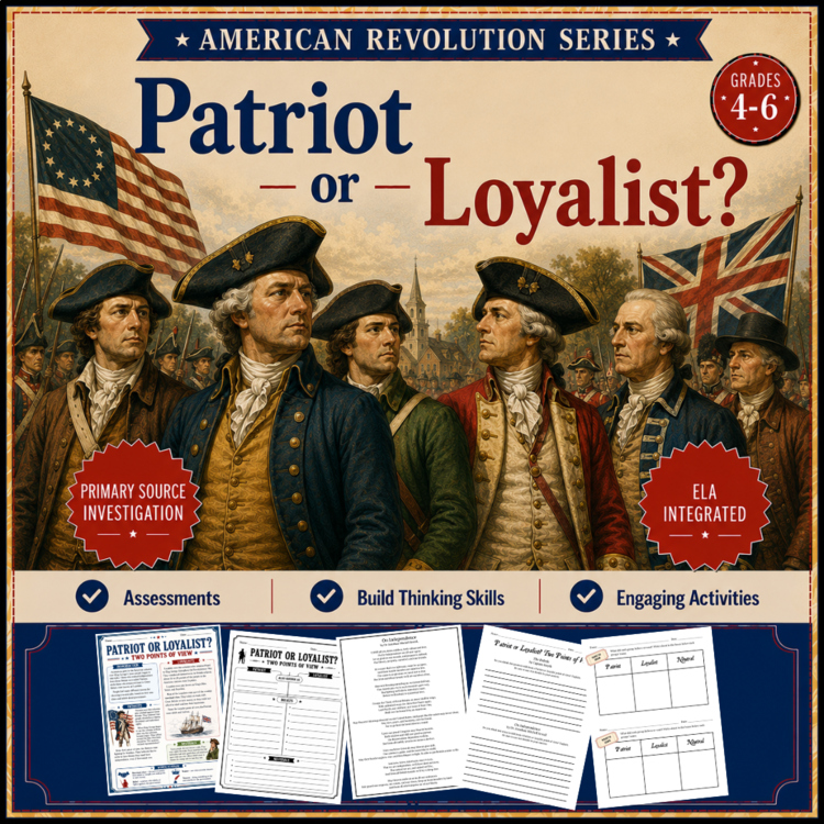 Patriot or Loyalist? Two Points of View |American Revolutionary War Series| Grades 4, 5, 6