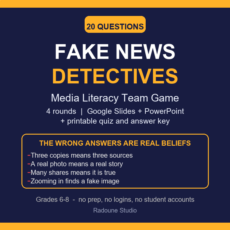 Fake News Activity - Detectives Media Literacy Team Game Grades 6-8