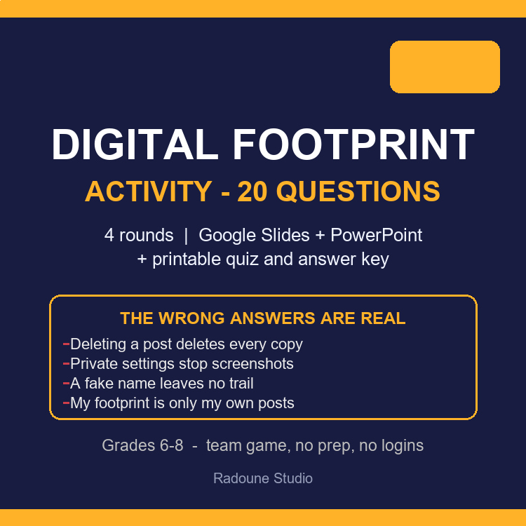 Digital Footprint Activity - Cyber Safety Quiz Slides & Worksheets 6-8