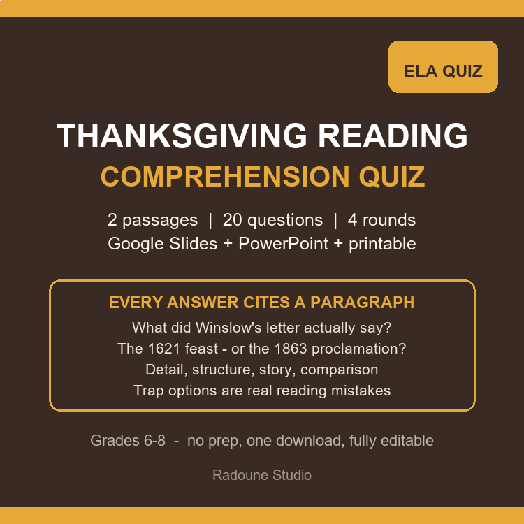 Thanksgiving Reading Comprehension Quiz Slides Game Middle School ELA