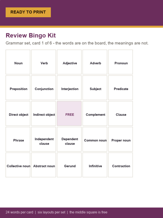 Review Bingo Game Kit | 48 Editable Call Cards | Grammar & Geometry Grades 4-9