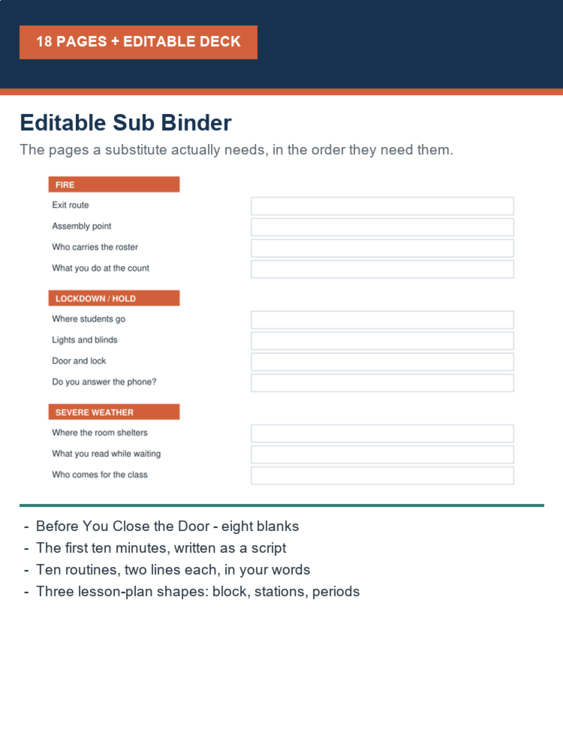 Editable Sub Binder for Substitute Teachers | Fill in Once, Use All Year
