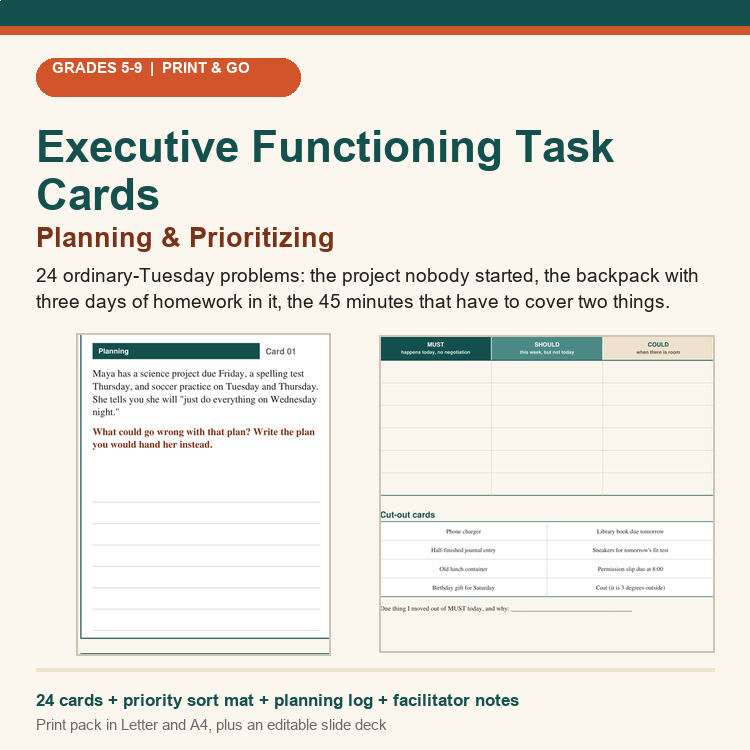 Executive Functioning Task Cards | Planning & Prioritizing | Grades 5-9