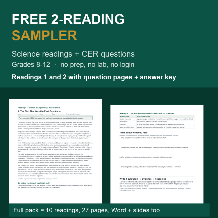 Science Reading Passage CER Questions Free Two Reading Sub Plan Grades 8-12