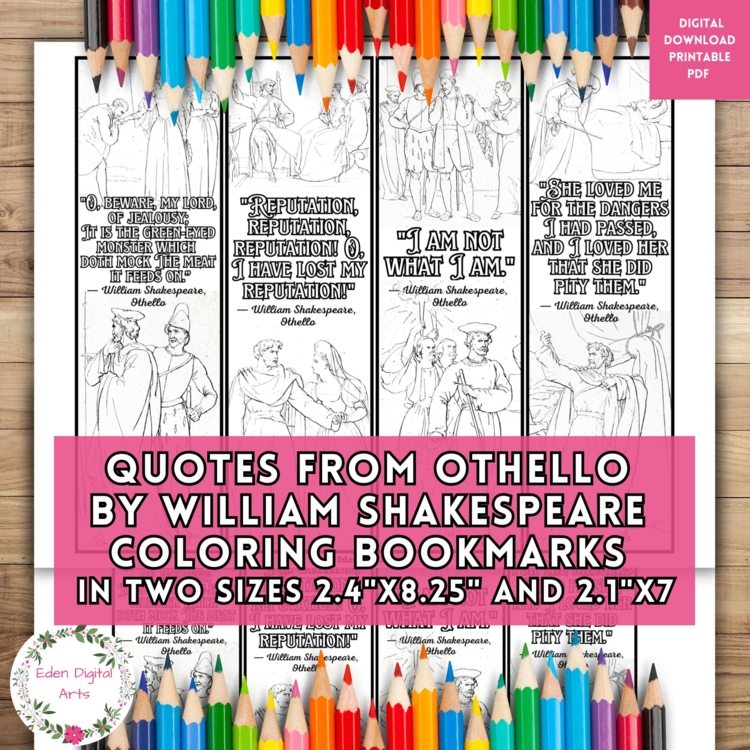 Othello Play Shakespeare Quotes Coloring Bookmarks Keepsake Activity Craft Gifts