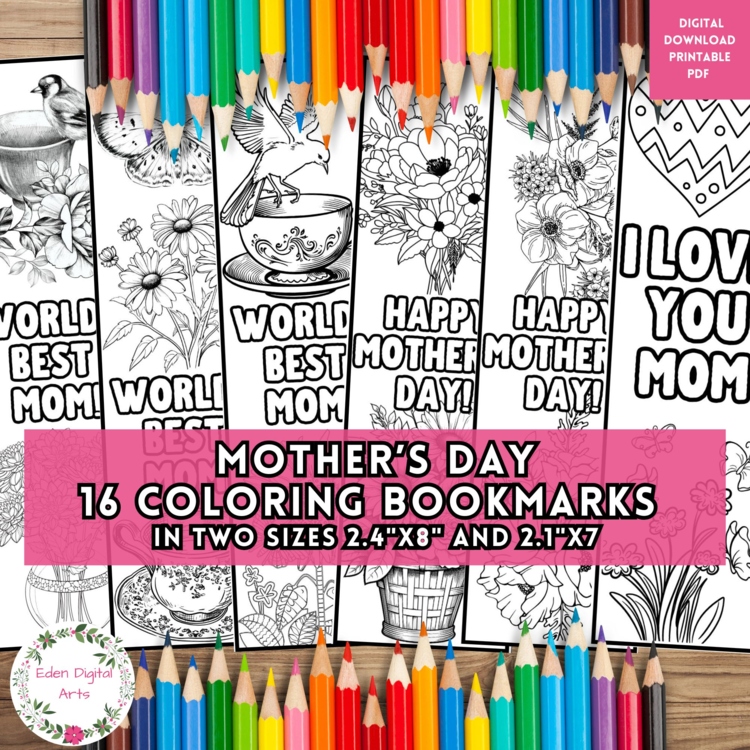 Floral Happy Mother's Day Bookmarks to Color Book Markers Crafts DIY Mom Gift