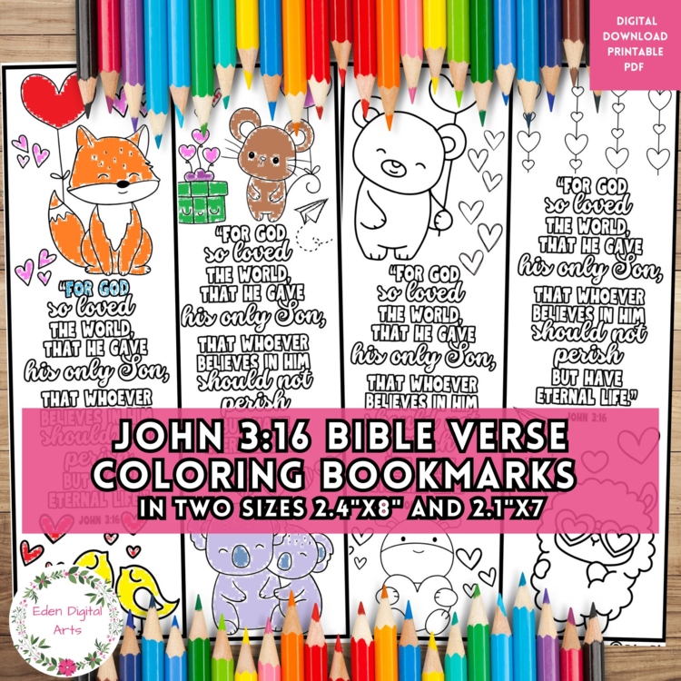 Love Bible Verse John 3 16 & Cute Animals Coloring Bookmarks Valentine Cards