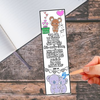 Love Bible Verse John 3 16 & Cute Animals Coloring Bookmarks Valentine Cards, image 3